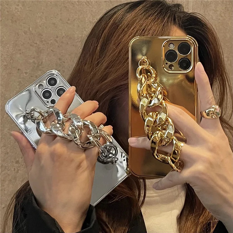 

luxury plating mirror gold 24k phone case for iphone x xr xs 11 12 pro max with gold bracelet chain
