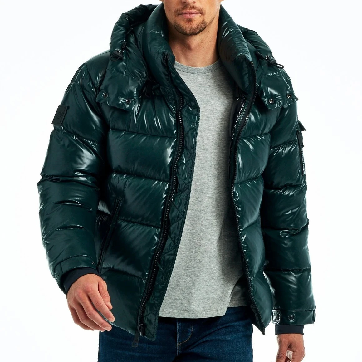 

High Quality Winter Lightweight Padded Men's Green Shiny Bubble Puffer Jacket with Hood, Black ,red, blue, orange, grey