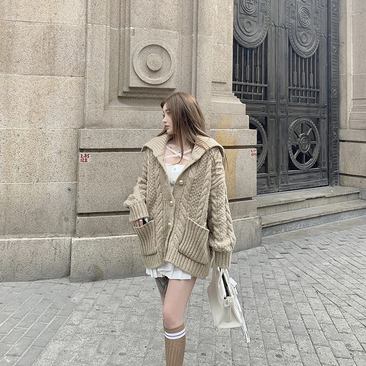 

Factory wholesale custom winter warm Mohair yarn sweater women button outer wear solid color turn-down collar knit cardigan