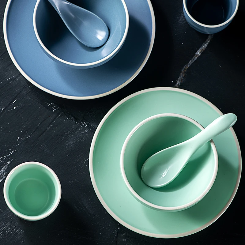 

Creative Ins Nordic Style Color Glaze Household Western Salad Steak Ceramic Plate Coffee Cup Breakfast Bowl Spoon Tableware Set, Blue/black/green
