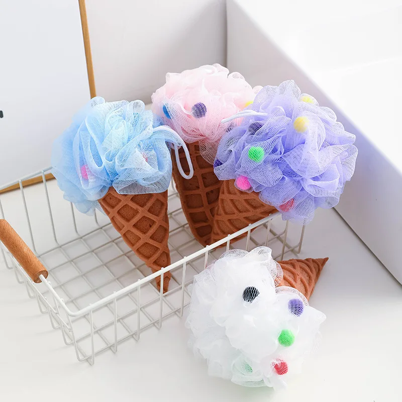 

Eco-friendly Exfoliating Skin Cute Loofah Shower Bath Ball Sponge Ice Cream Bath SpongeS hower Ball For Baby Bathroom 2022, Customized color