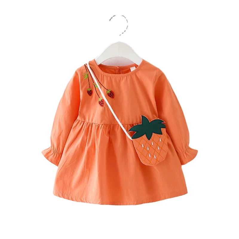 

Children's Wear Solid Color Strawberry embroidery Dress 2021 Autumn Children's Skirt with Strawberry shoulder bag
