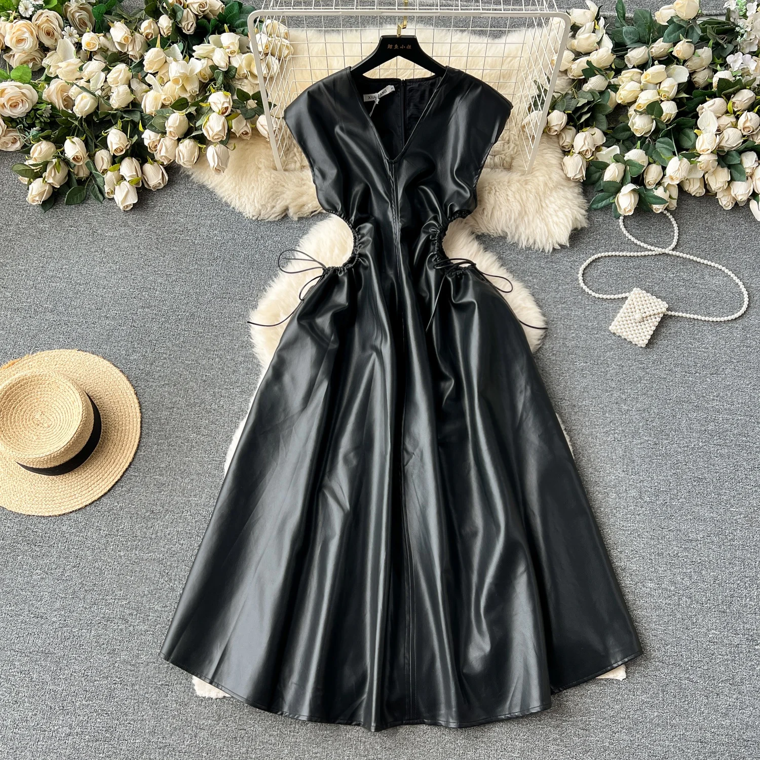 

Women's Fall Sleeveless Drawstring Waist V-Neck Hollow PU Leather Design Feeling Dress