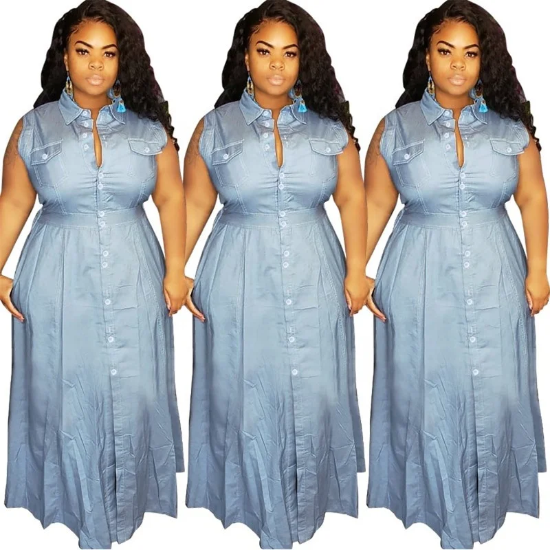 

2020 summer plus size 3xl 4xl women clothing sleeveless casual denim jeans maxi ladies dress