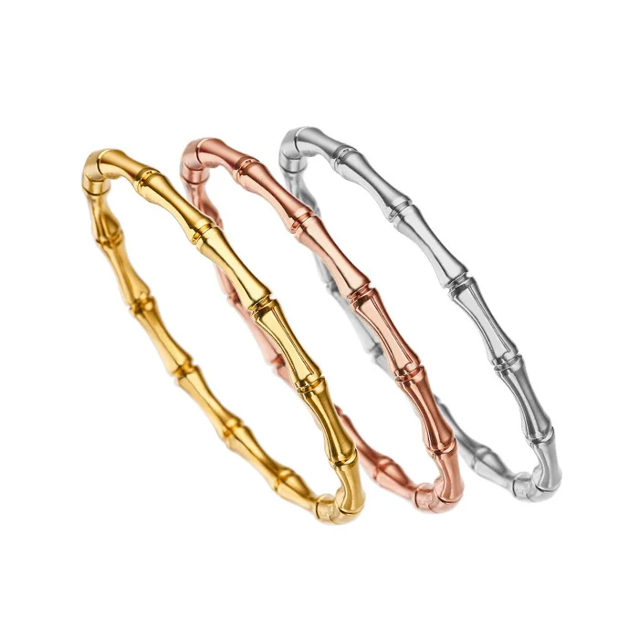 Fashion Womens Gift Jewelry Bamboo Design 18K  Gold Plated Stainless Steel Bracelet Girl Minimalist Bangle