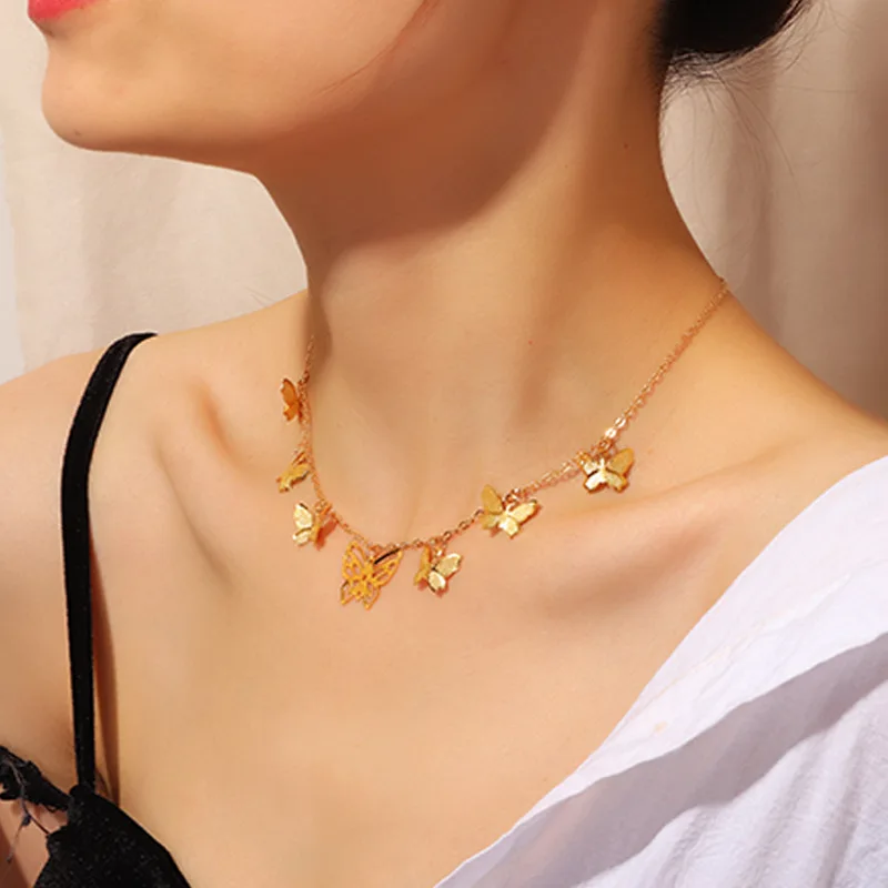 

New Arrival 18K Gold Plating Adjustable Chain Butterfly Clavicle Necklace Hollow Butterfly Tassel Necklace For Women Girls