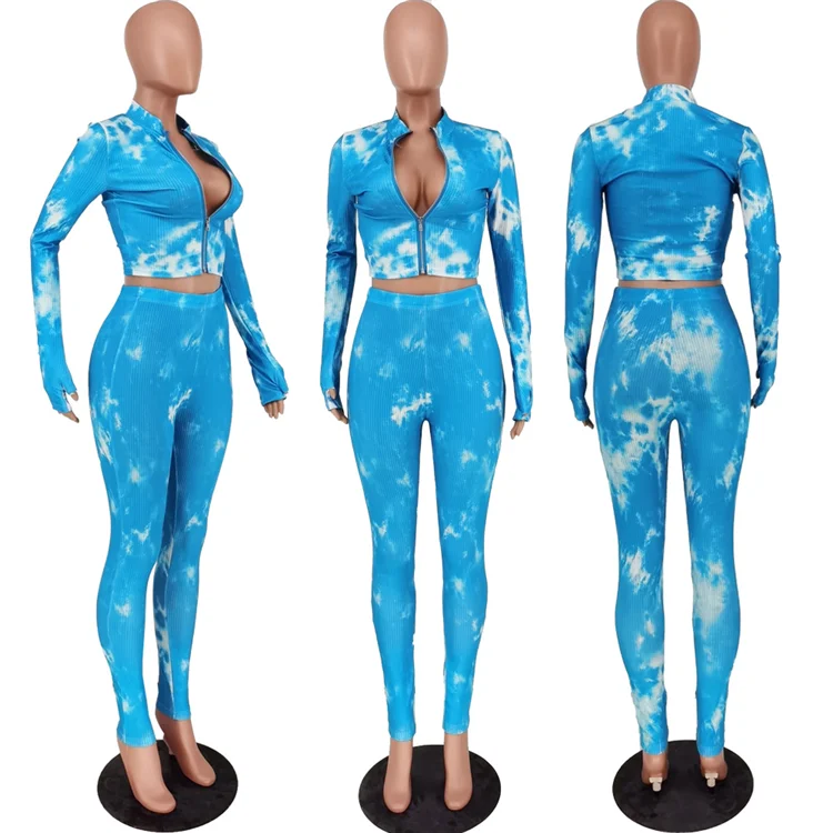 Wholesale Lady Outfit Long Sleeve Zipper Tie Dye Tight Sexy Plus Size Autumn Women 2 Piece Set