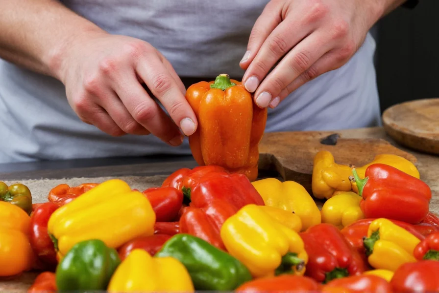 Chef's hands preparing colorful bell peppers for cooking on stainless steel countertop