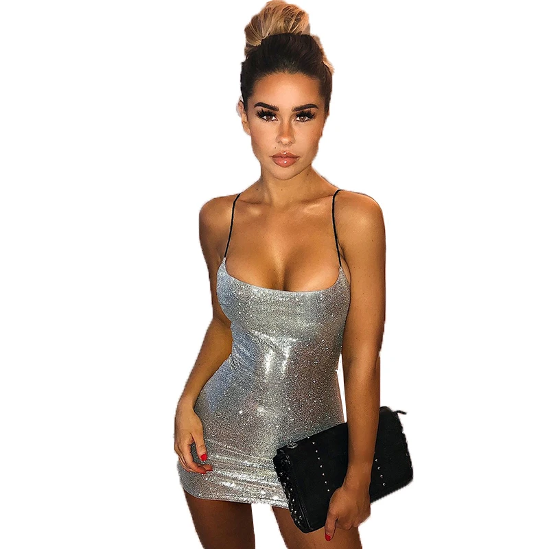 

Casual Mini Party Dress Glitter Sexy Bodycon Spaghetti Strap Backless Off Shoulder Short Sparkle Clubwear Summer Dress Women, Dark gray