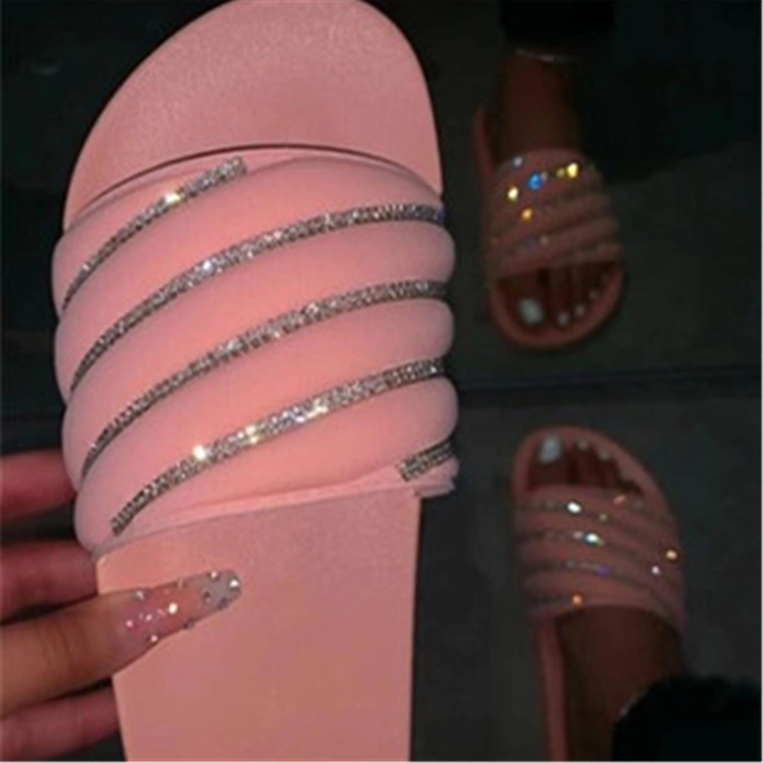 

hot sale high quality big size women sandals beach slide jelly print rhinestones slippers flat casual sandals for women, Pink