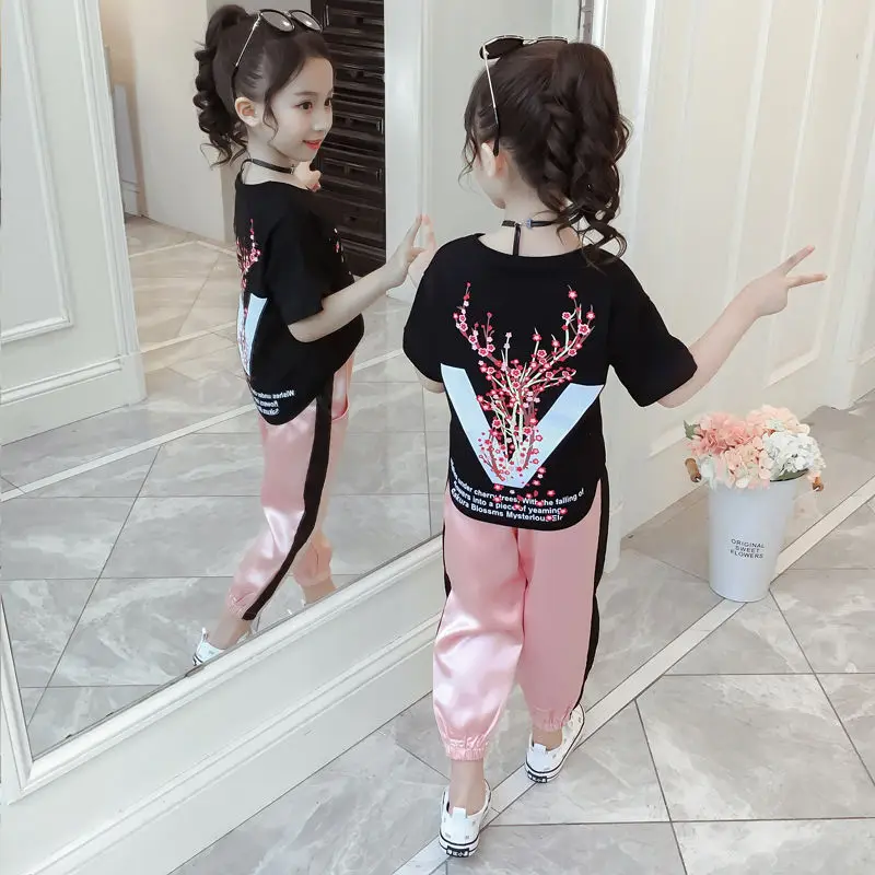 

Girls clothing suits 2021 summer fashion pure cotton printed short-sleeved T-shirts and shorts girls casual clothes suits, White,black