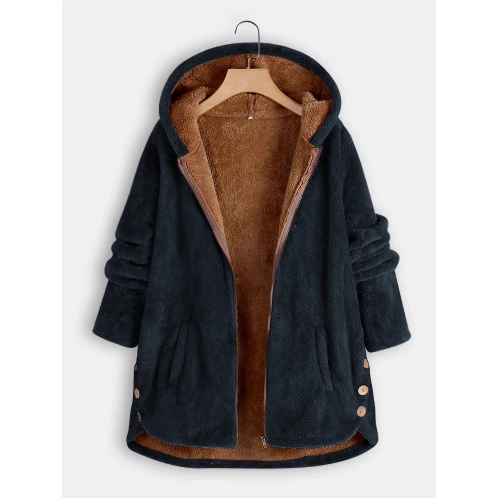 

New Winter Plush Warm Hooded Zipper Coat Loose for Women, Picture