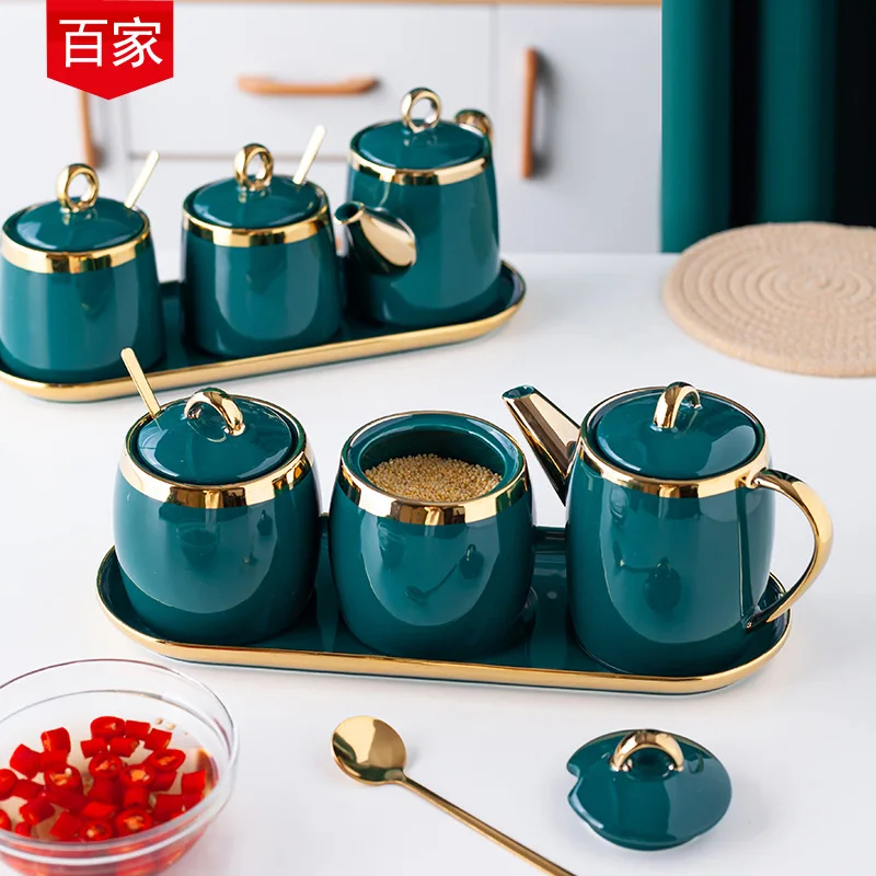 

Ceramic seasoning pot, oil pot combo set, seasoning storage jar, seasoning box, kitchen supplies, Picture