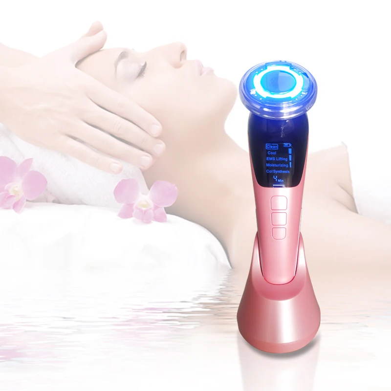 

Galvanic Ion Face Beauty Device Red Blue Light Facial Machine With Rf Radio Frequency Ems Led Photon Skin Care Face Lift, White, pink