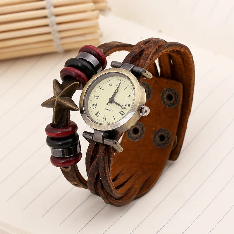 

Vintage Weave Around Charms Star Custom Layered Bead Leather Wrap Band Bracelet Quartz Wrist Watches
