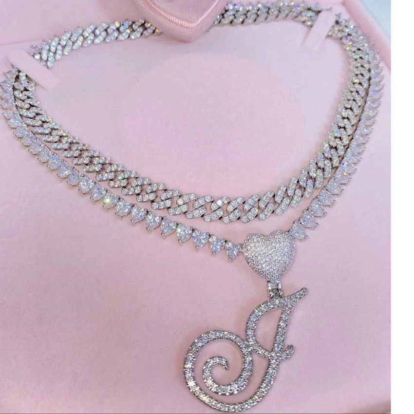

tennis chain diamond cursive initial necklace letter pendant jewelry