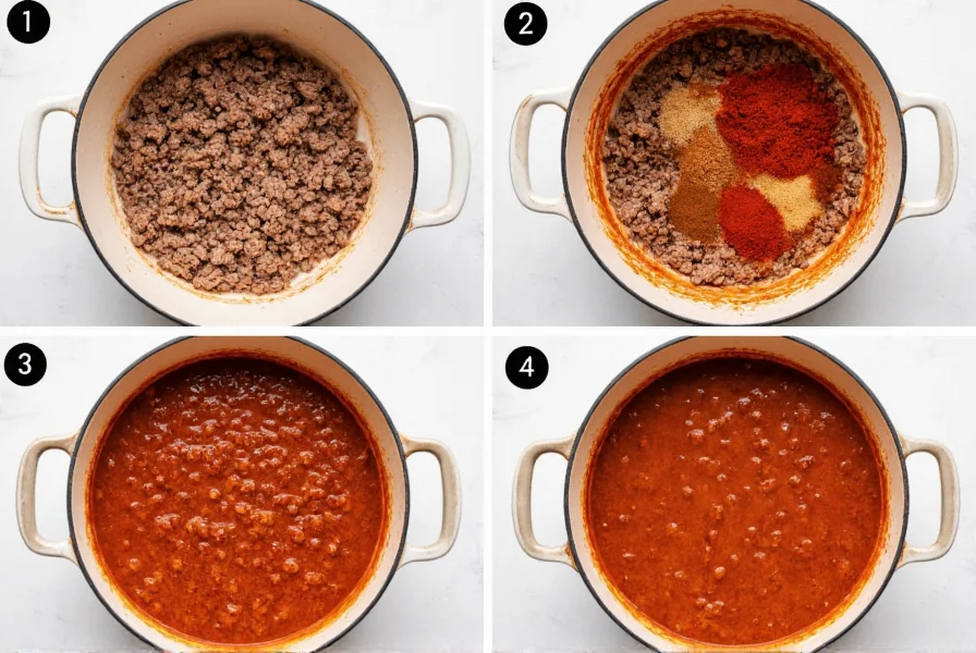 Step-by-step photos of easy chili recipe showing browning ground beef, adding spices, and final simmered chili in pot