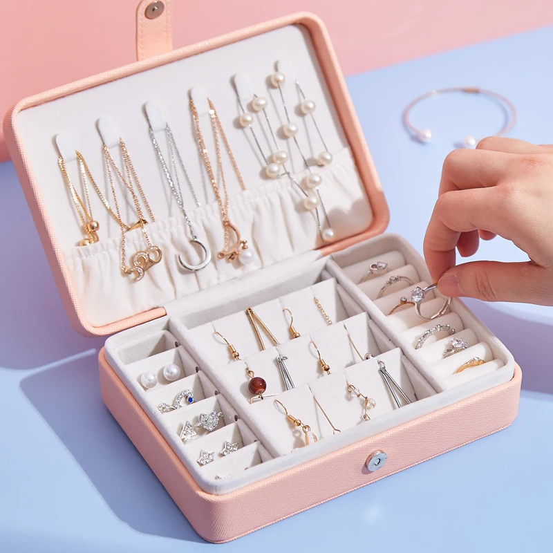
2020 Latest Design Girl Leather Velvet Jewellery Ring Necklace Earring Storage Packaging Box Portable Travel Jewelry Case 