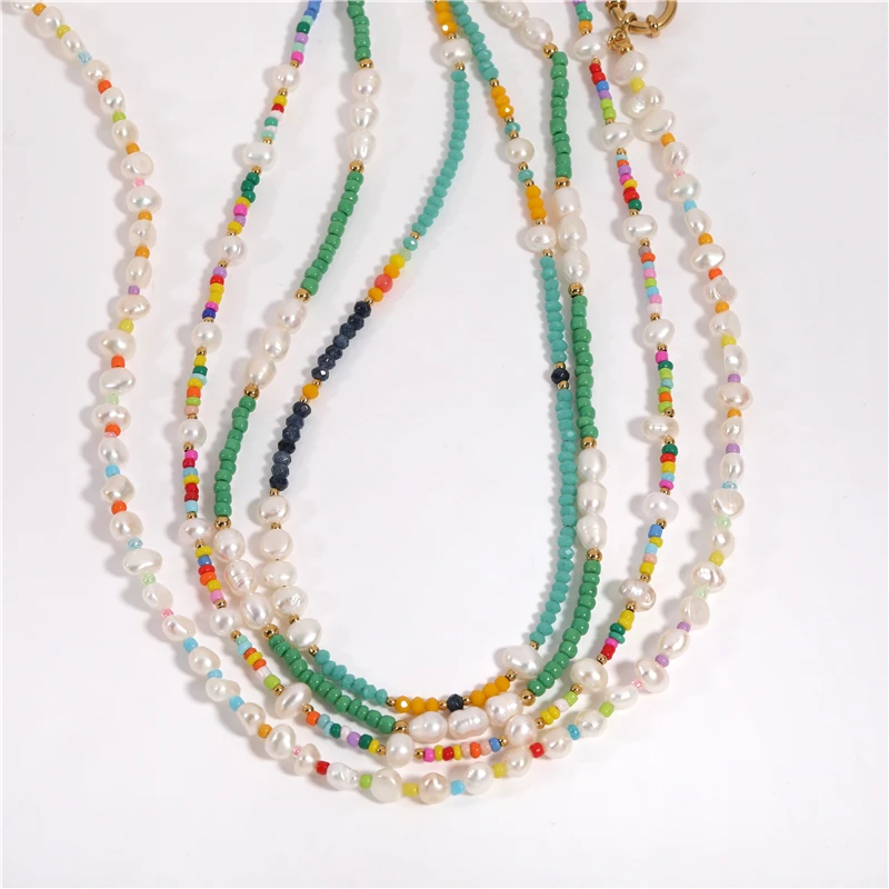 

Holiday Beach Summer Handmade Multi Candy Bead Colorful Freshwater Pearl Choker Stainless Steel Necklace Waterproof Jewelry