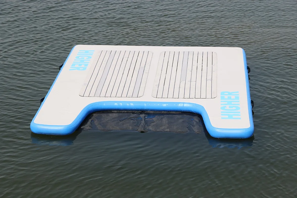 Rectangular dock with integrated mesh wading pool, close view