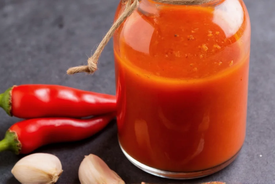 Close-up of homemade sweet chili sauce in glass bottle with fresh red chilies and garlic cloves beside it