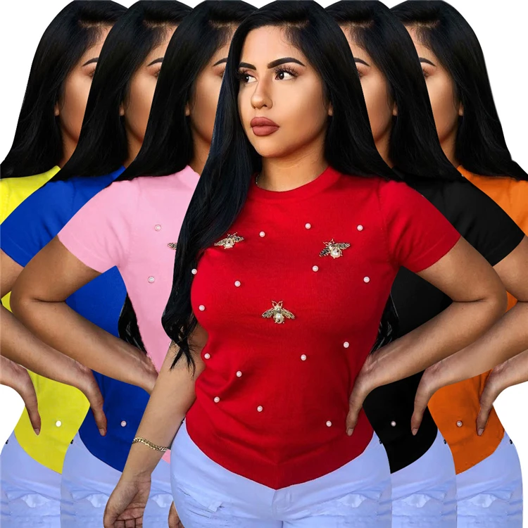 

FREE SAMPLE damas playera lisa para sublimar playeras deportivas mujer for wholesales, O neck tops beading skin tight fit short sleeve t shirt for womens