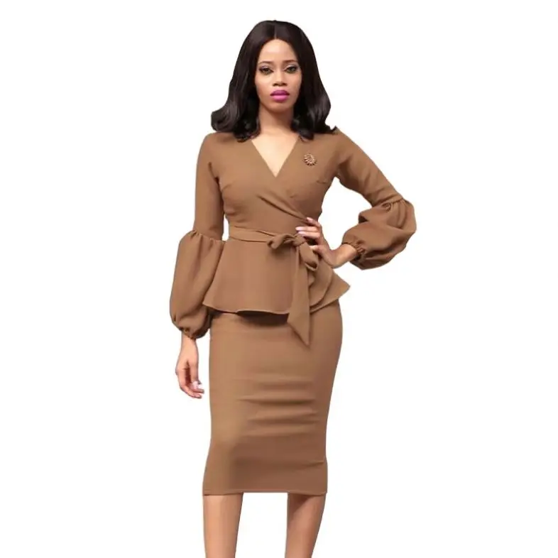 

Puff Long Sleeve Bodycon Office Hip Package Pencil Midi Dresses A327
