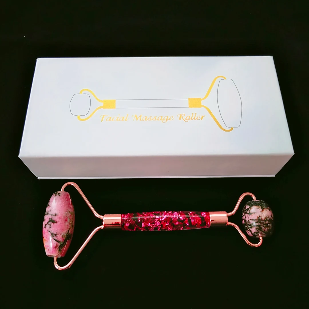 

Noise free new diy design facial roller rhodonite jasper face massage beauty massage flower handle with box