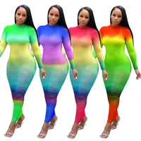 

90805-MX90 rainbow color long sleeve midi bodycon dress for women