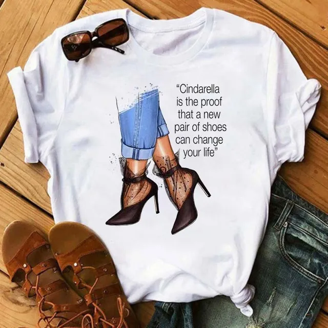 2022 summer hot sale women printed t-shirt Pattern of high heels Loose version women t shirt