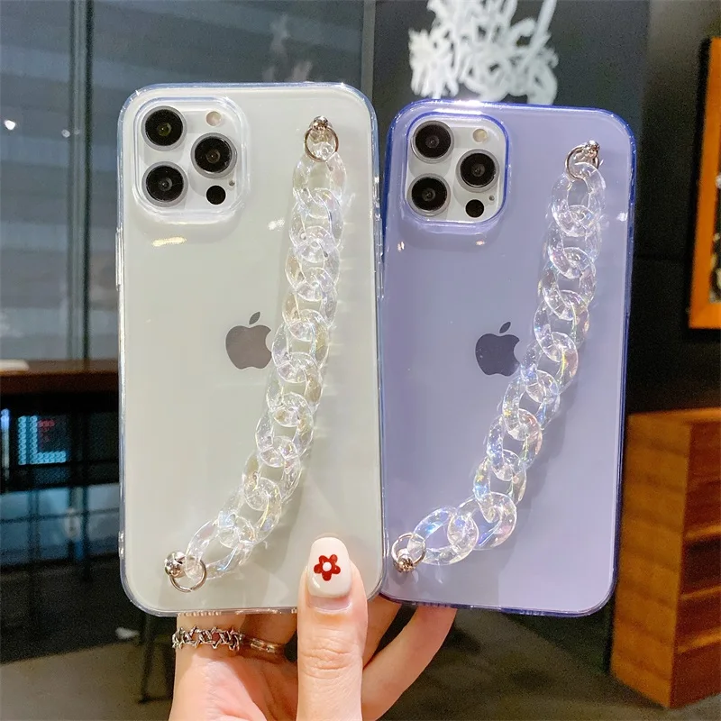 

low moq chain strap anti fall phone cover transparent shockproof soft tpu cellphone case for iPhone 12, 8 colors