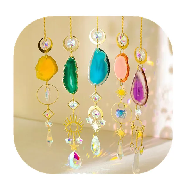 

fashion jewelry crystal spiritual heal decor wind bell hanging natural mix agate slices Sun catchers for gift