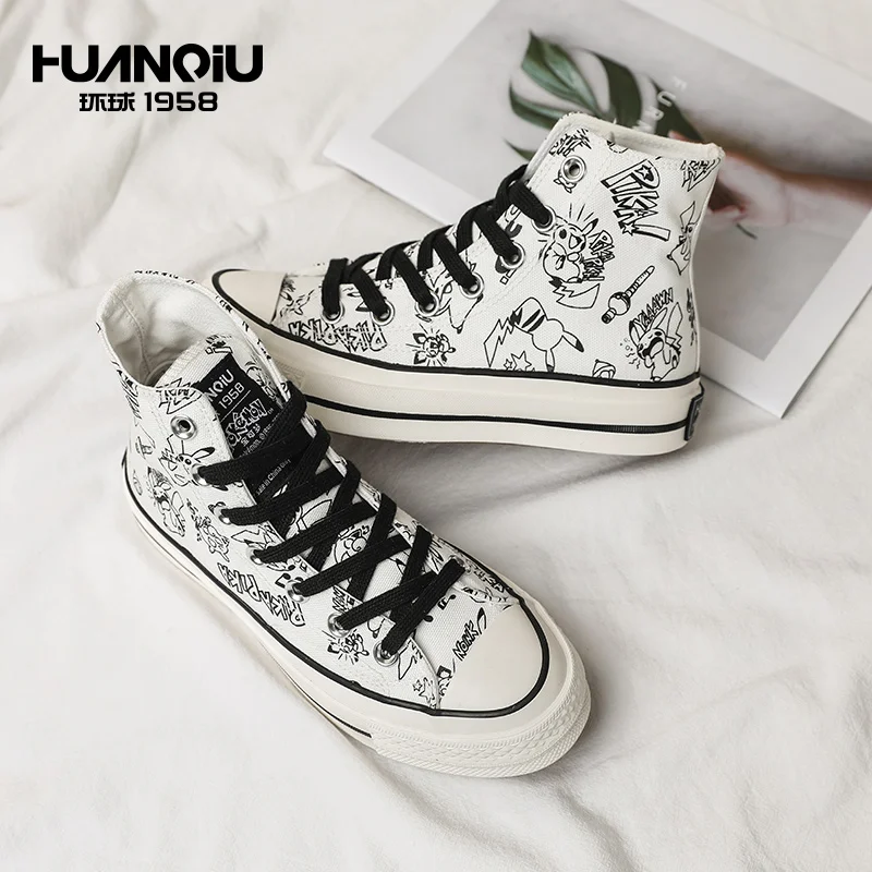 

H20318 HUANQIU Latest Design White Pikachu Pattern Women High Top Flat Canvas Shoes