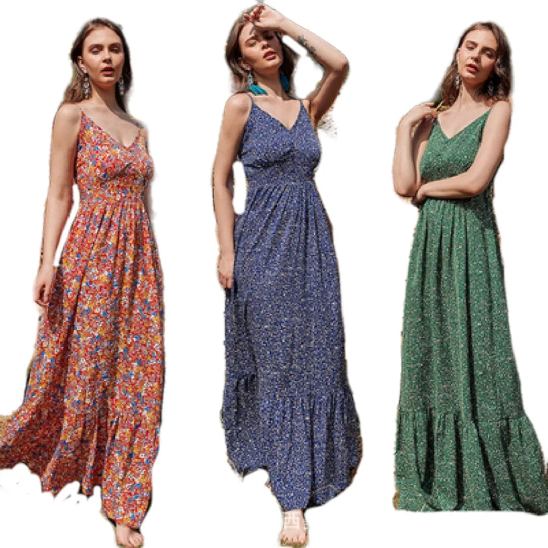 

2021 New Floral Print small fresh female summer fashion Elegant V Neck vintage style long dresses women floral dress, Red,blue,green