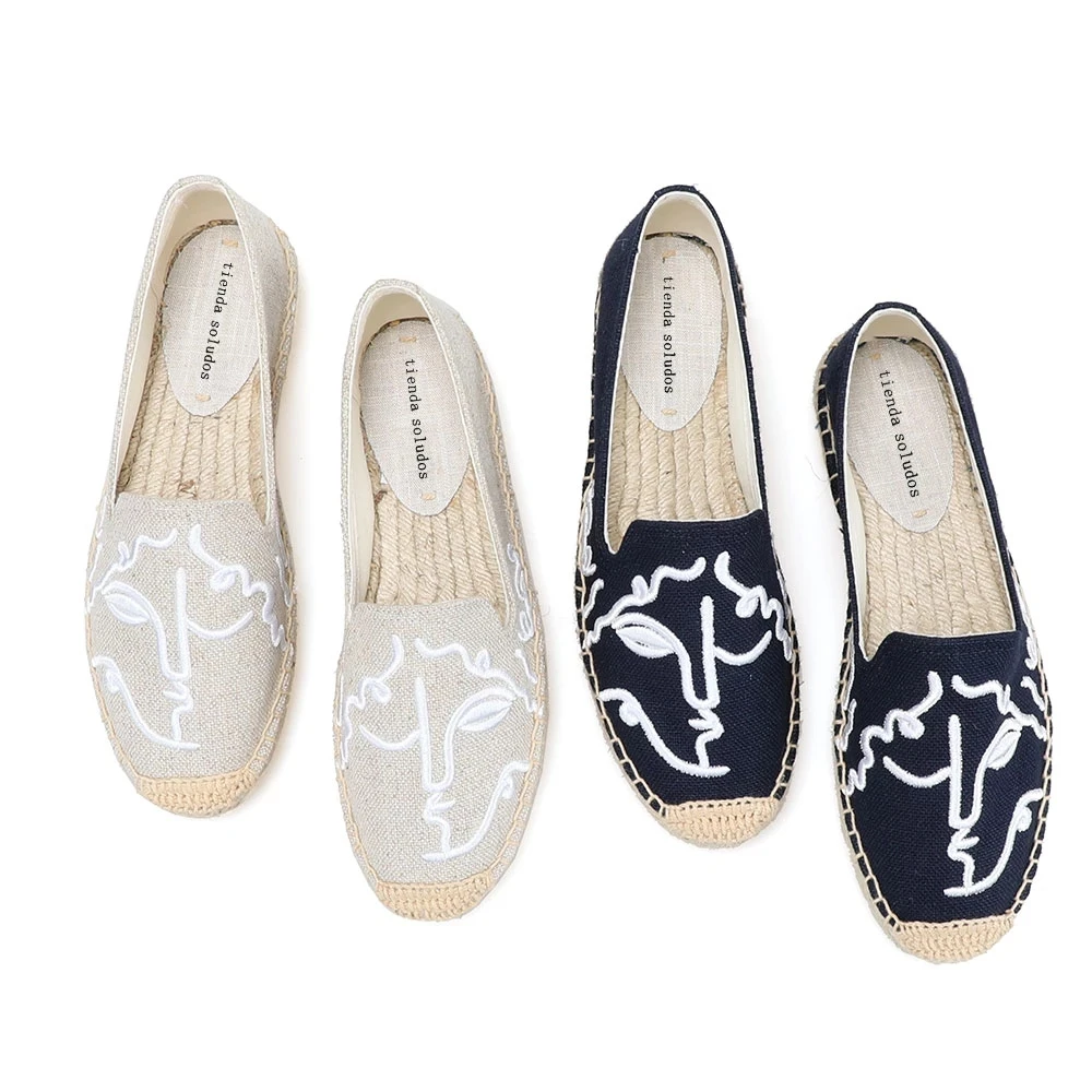 

New style hot-selling personality face embroidered flat shoes ladies high-quality durable espadrilles, Picture