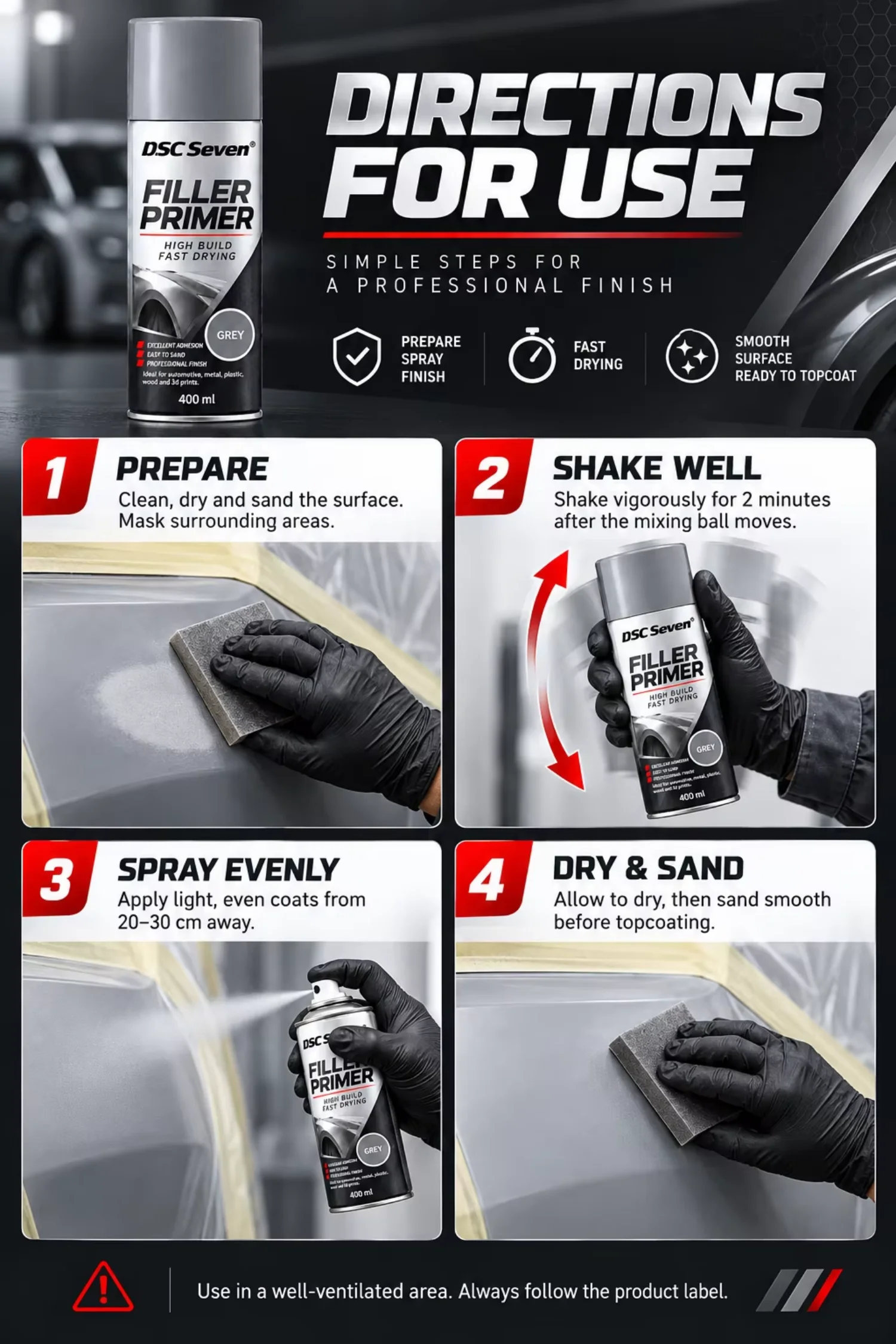 400ml Black Acrylic High Build Filler Primer Spray Quick Drying Easy Sand Anti-Rust Base Coat Paint for Auto Body Furniture