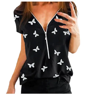 

Butterfly Print Blouses Women Zipper Plus Size Short Sleeve V-neck Pullover Tops Shirt Spring Elegant Woman Clothing