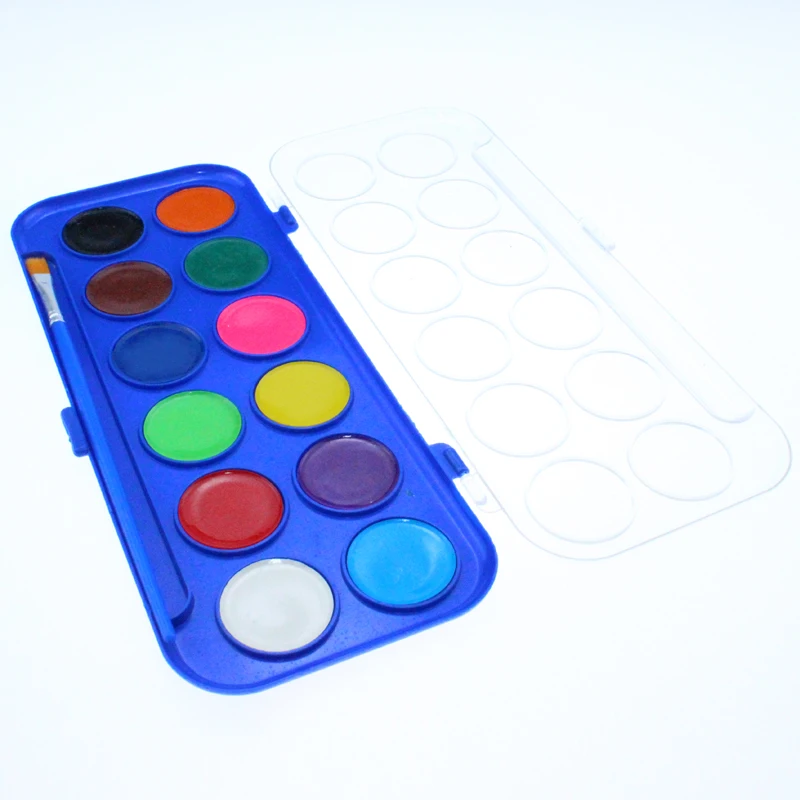 
Free sample no toxic white case 12 colors kids water color paint with brush,multicolor solid watercolor paint set 