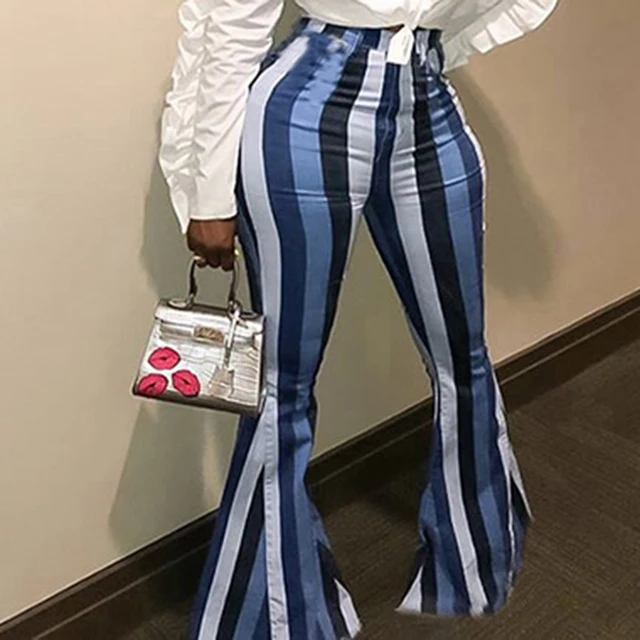 

Street Fashion Contrast Color High Waisted Striped Trousers Women Printing Womens Stretch Flare Bell Bottom Pants -PT, Blue,wine red,purple