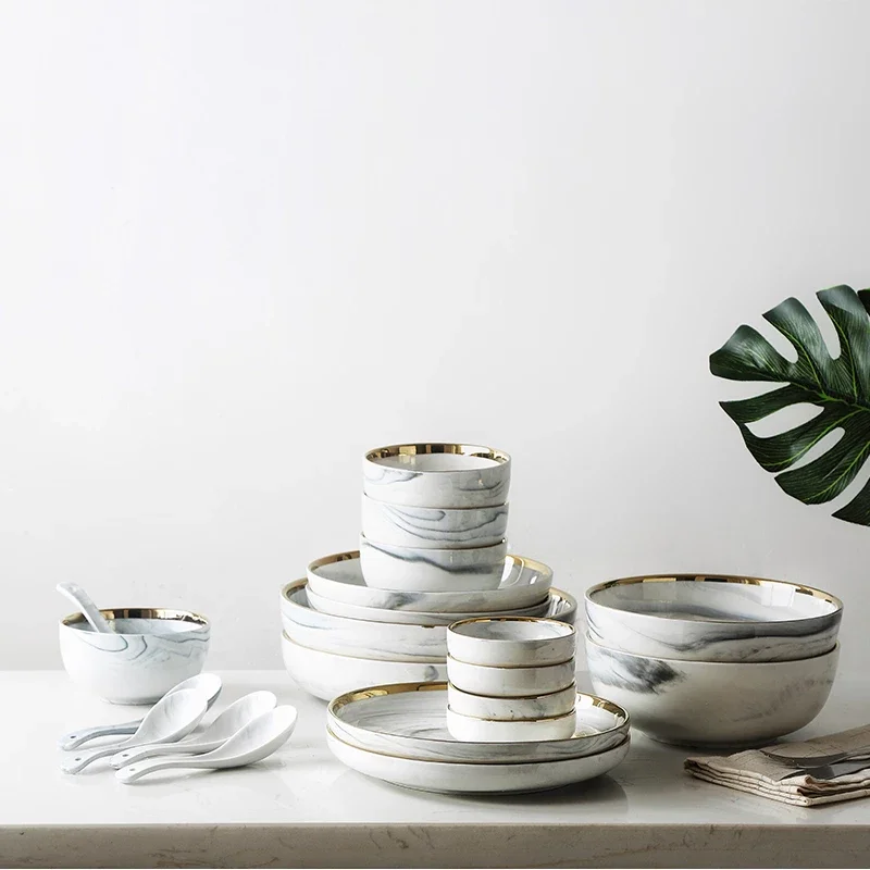 

Gold Rim Grey Marble Ceramic Plates Dinnerware Set Round Porcelain tableware for Restaurant Hotel, Grey and pink