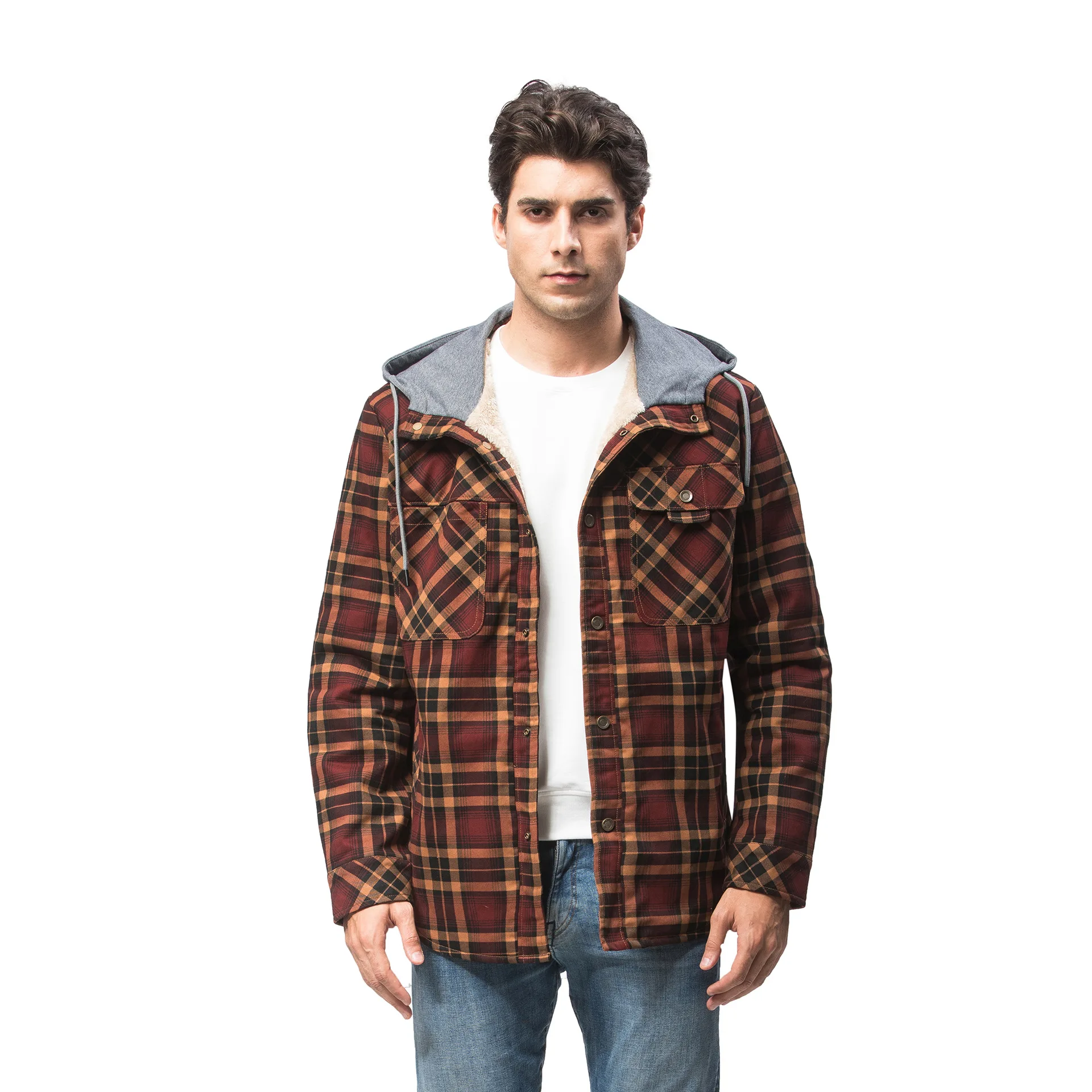 

Newest design hot selling pure cotton full sleeve casual red and black flannel plaid shirt jacket men, Grey, green,coffee