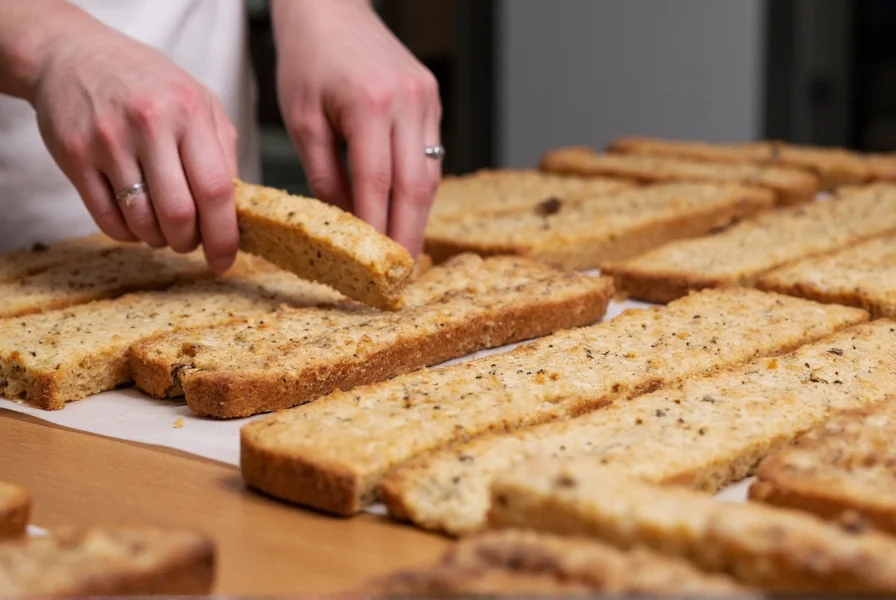 Close-up of baker's hands slicing anise biscotti logs before second baking