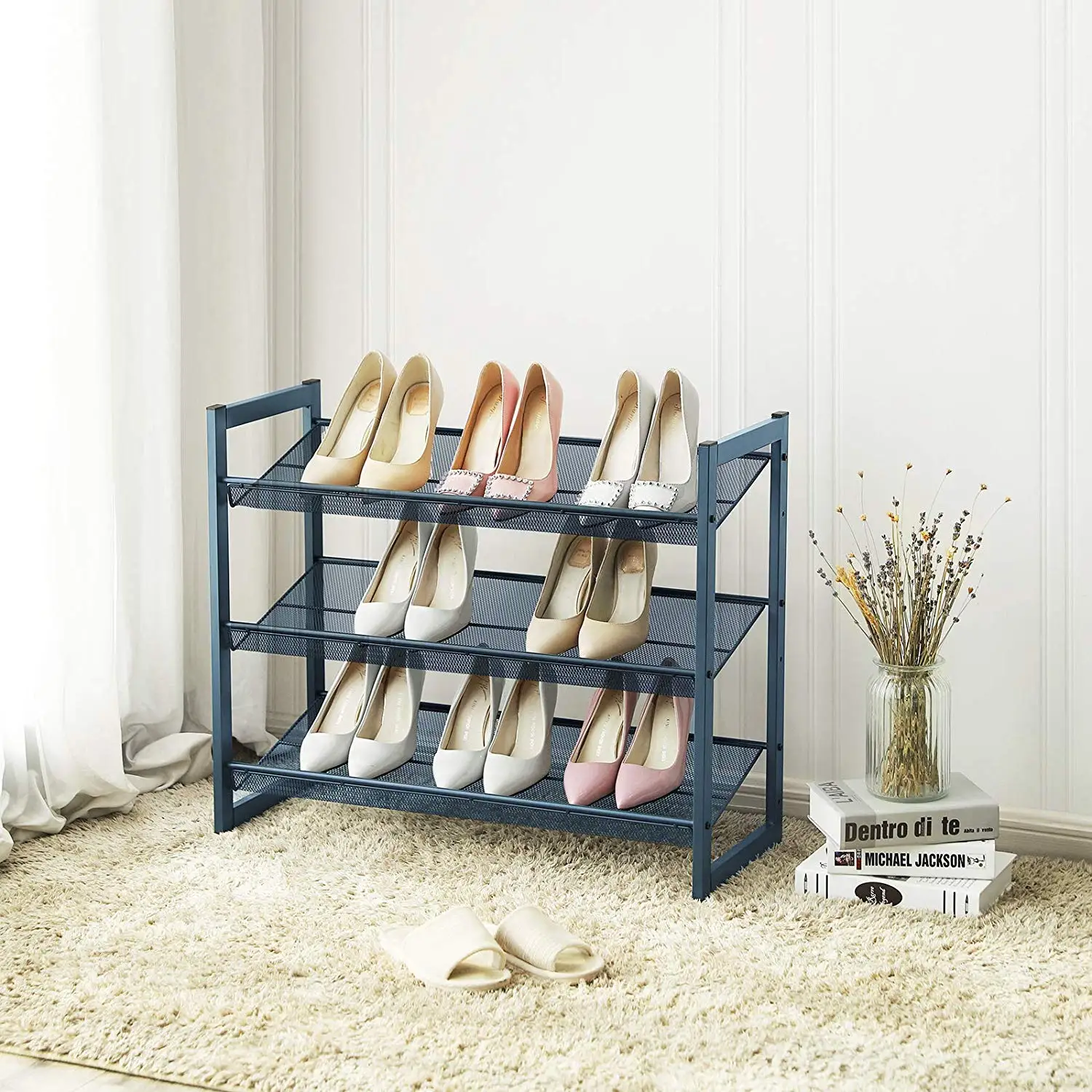 3-Tier Shoe Rack Storage, Metal Mesh, Flat or Angled Stackable