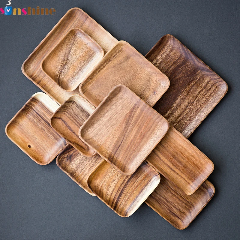 

Sinshine 2022 Acacia wood fruit dessert dinner plate tableware square solid wood plate, As picture