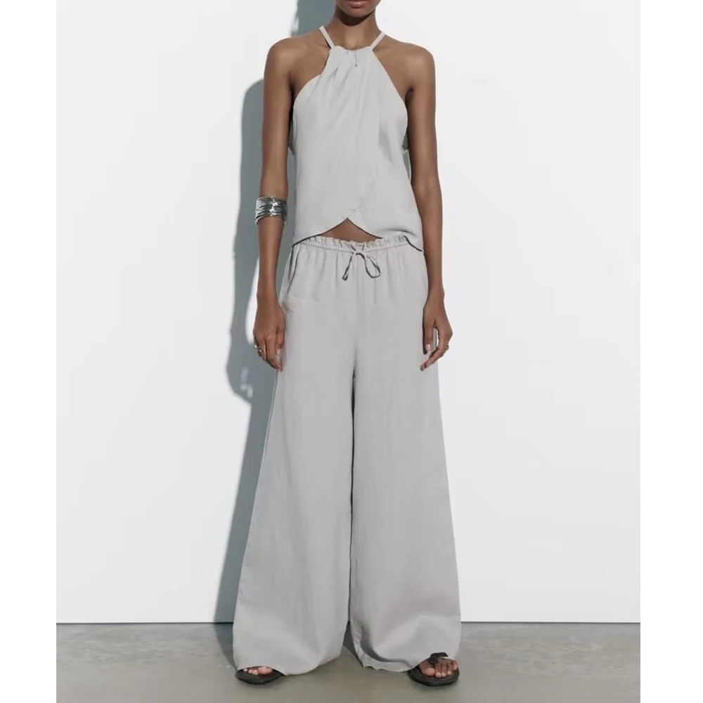 

Wholesale Casual Flax Linen Women Suit Sleeveless Crop Top And Pant 2 Piece Set