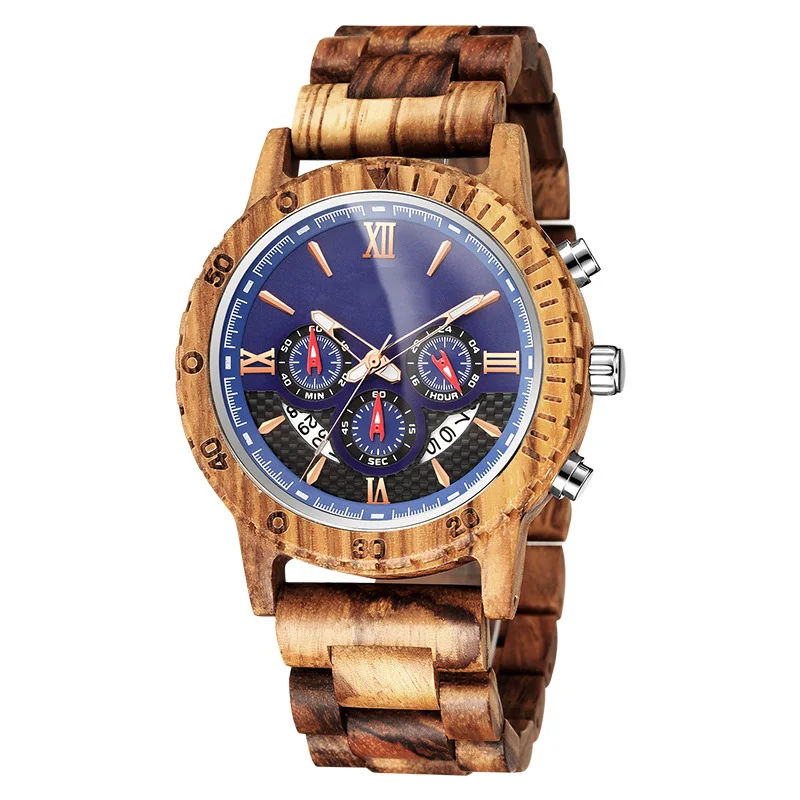 

New style wooden watch fashion mens wristwatch with three eyes and six stitches multi-function quartz watch, 4 colors