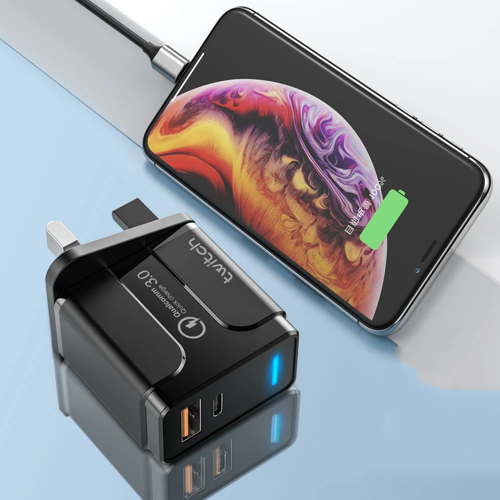 

Portable mobile phone travel uk plug adaptor 18w fast charger for iphone charger usb c 2-port, White and black