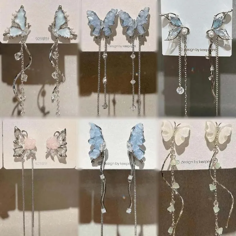 

Korean Fashion Blue Butterfly Asymmetric Tassel Earrings for Women Shiny Crystal Zircon Flower Blue Planet Long Earring