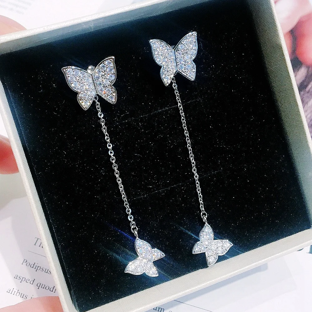 

2020 Newest elegant 925 silver needle butterfly shaped brass micro inlay cubic zircon drop earrings for women