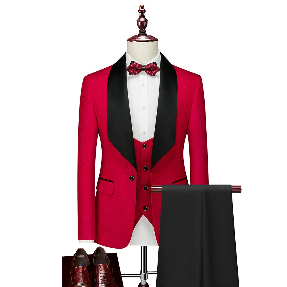 

(Jacket+Vest+Pants) 3 Pieces Mens Wedding Dresses Suits Jacquard Black Satin Collar Tuxedo Groom Men's Suits